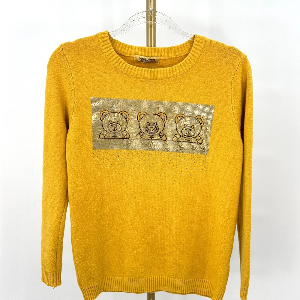 Rhinestone Teddy Bear Sweater Small Mustard‎ Yellow Statement Knit Girlhood Y2K
